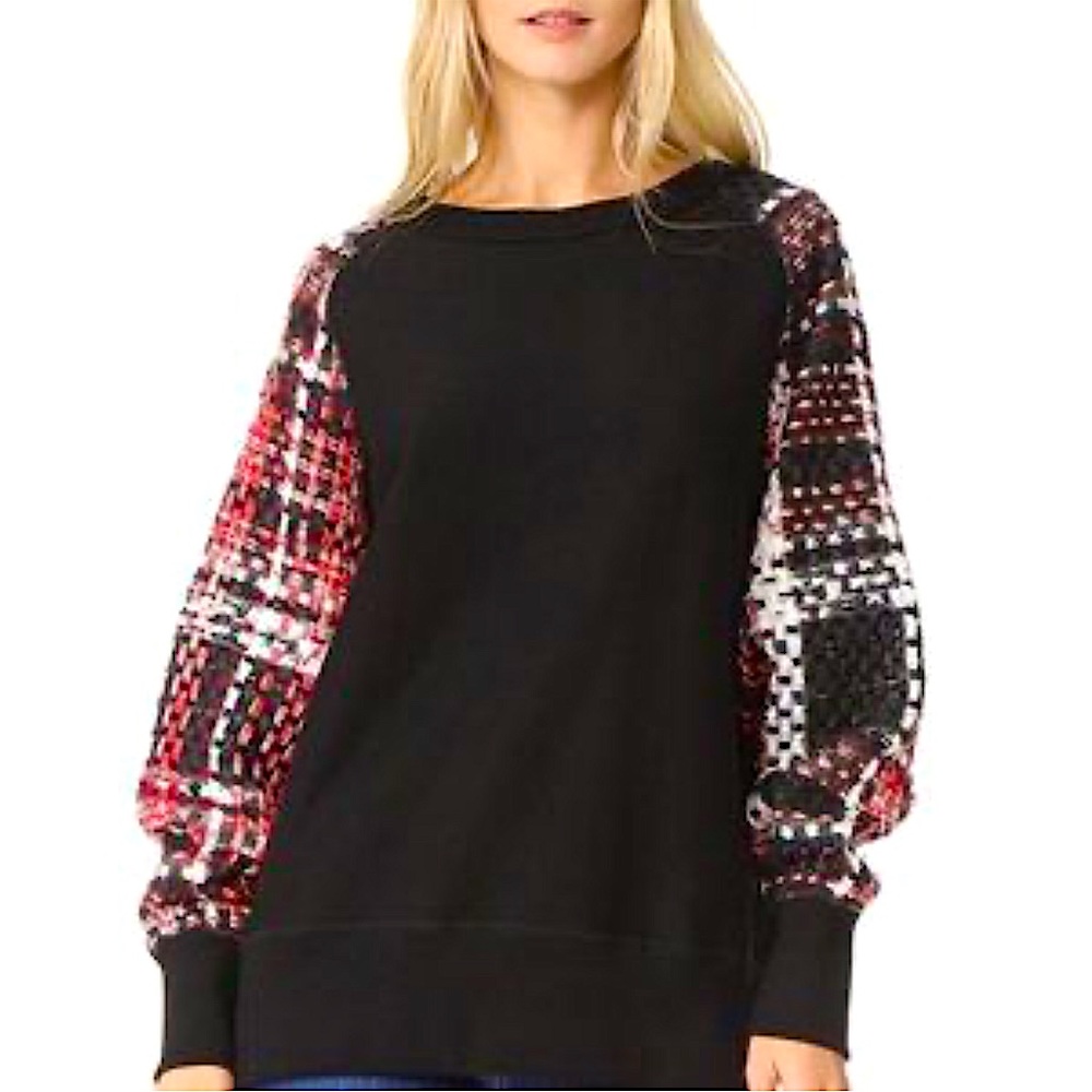 Rag & Bone Linton Racer Sweatshirt with Plaid Tweed Sleeves - Picture 2 of 15
